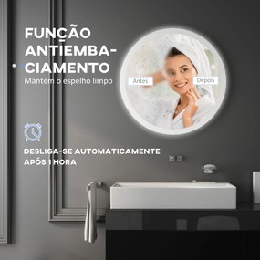 Espelho Casa de Banho Redondo com Luzes LED 70x70 cm Função Antiembaciamento 3 Luzes Função de Memória e Interruptor Prata