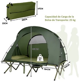 Tenda de acampamento elevada para 2 pessoas 4 em 1 Tenda exterior portátil com cobertura Colchão insuflável 194 x 146 x 160 cm Verde