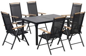 Outsunny Mobiliário de Jardim Exterior para 6 Pessoas Estrutura em Alumínio Mesa 140 cm 6 Cadeiras Dobráveis e Reclináveis Preto | Aosom Portugal