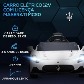 Carro Elétrico para Crianças com Licença Maserati MC20 com Bateria 12V Controlo Remoto Farois Buzina e Música 105x65,5x42 cm Branco