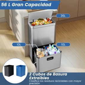Caixote do lixo em aço inoxidável de 56 litros com sensor de movimento e 2 caixotes do lixo removíveis prateado