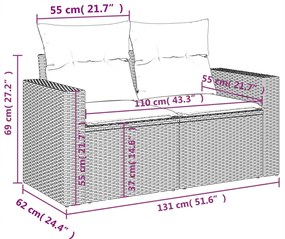 10 pcs conjunto sofás p/ jardim c/ almofadões vime PE cinzento