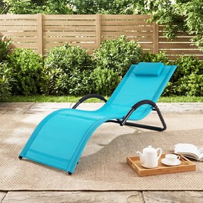 Espreguiçadeira de exterior com estrutura curva, apoio para a cabeça removível e apoios de braços ergonómicos, para jardim ou praia azul