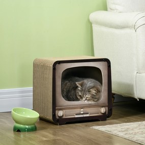 Arranhador para gatos 2 em 1 em forma de televisor 39 x 29 x 37 cm, com casinha e tapete para arranhar em cartão ondulado, castanho