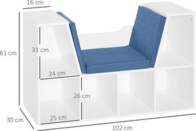 Estante para Livros com Banco Integrado e 6 Cubos com Assento 102x30x61 cm Branco e Azul
