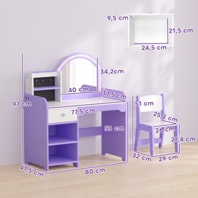 Penteadeira de Maquilhagem para Menina com Espelho LED de 2 Cores, Banco, Suportes para Joias, Gaveta e Compartimentos, Roxo