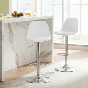 Conjunto de 2 bancos giratórios de bar com encosto ajustável em altura, estofados em couro sintético e apoio para os pés branco e prata