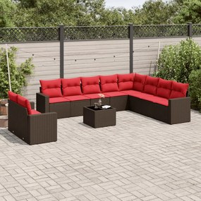 vidaXL 11 pcs conjunto sofás de jardim c/ almofadões vime PE castanho