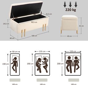 Banco com arrumação e baú de arrumação de design contemporâneo - espaço de arrumação em veludo bege com base em metal dourado