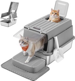 Caixa de areia para gatos 60 x 40 x 38 cm em aço inoxidável com tampa e acessórios, cinzento