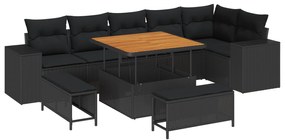 Conjunto de Sofá de Jardim de 9 Peças com Almofadas Rattan Preto Acáci