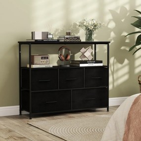 Cômoda para quarto com 5 gavetas 100 × 30 × 80 cm com 2 prateleiras abertas de madeira e estrutura metálica resistente preto