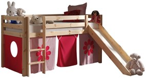 Conjunto Cama alta de Criança PINO 90 x 200 cm + estrado + escada + escorrega + cortina Flores Natural