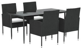 5 pcs conjunto de jantar p/ jardim c/ almofadões vime PE preto
