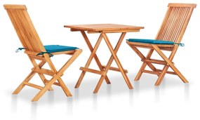 vidaXL Conjunto bistrô c/ almofadões azuis 3 pcs teca maciça