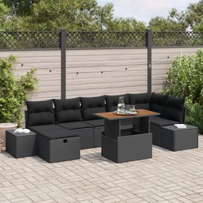 Conjunto de Sofá de Jardim 8 Peças com Almofadas Preto Rattan Poliéste