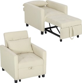 Sofá Cama Individual Poltrona com 4 Rodas Encosto Reclinável Almofada Extra e Assento Acolchoado 69x82,5x84 cm Bege
