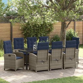 vidaXL Conjunto de Jantar de Jardim com 9 Peças e Almofadas em Polirattan Cinza.