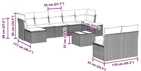 10 pcs conj. sofás jardim com almofadões vime PE cinzento-claro