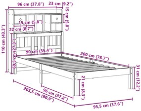 Cama com estante sem colchão 90x200 cm pinho maciço branco