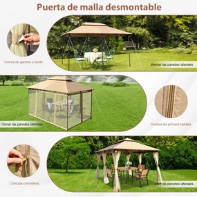 Pérgola com rede amovível Estrutura de aço duplo para churrasco Picnic Casamento 3,9 x 2,9 m ) Castanho