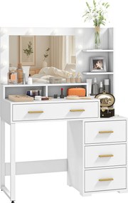 Toucador com espelho e 9 luzes LED, 4 gavetas e 6 compartimentos abertos, 100 x 40 x 138 cm, branco