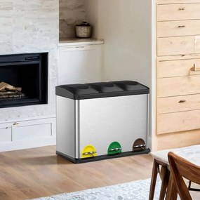 Caixote do lixo com 3 compartimentos 60,5 x 40,5 x 48,5 cm prateado + preto