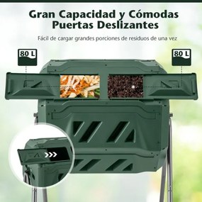 Tambor de Compostagem 160 L de Câmara Dupla com 2 Portas Deslizantes para Resíduos de Jardim Verde