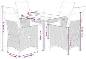 5 pcs conjunto bistrô de jardim c/ almofadões vime PE cinza