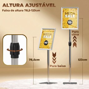 Suporte para Cartazes A3 Altura Ajustável Giratório 360° Moldura de Alumínio e Aço Inoxidável Prata