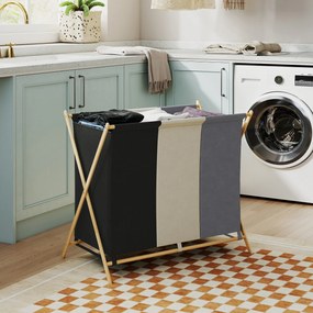 Cesto para Roupa Suja Dobrável com 3 Compartimentos Capacidade 129L com Estrutura de Bambu e Sacos Removíveis Multicolor