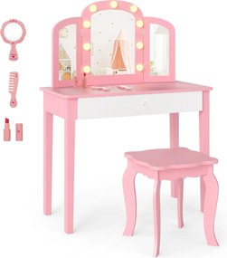 Conjunto de Toucador infantil Princesa 2 em 1 com espelho removível, luzes ajustáveis, banquinho e gaveta em imitação de madeira para maiores de 3 ano