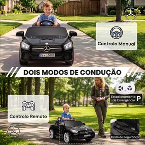Carro Elétrico Infantil Mercedes-Benz SL500 12V com Comando à Distância 2,4 GHz, 2 Motores, Suspensão e Arranque Suave, Preto