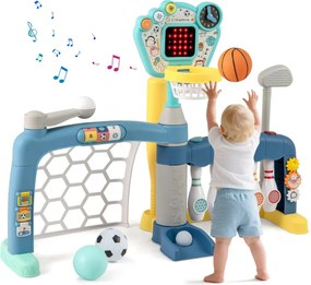Brinquedo desportivo 5 em 1 para crianças pequenas Centro de atividades para crianças com aro de basquetebol ajustável Baliza de futebol multicolorido