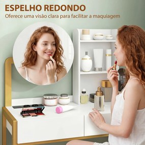 Toucador de Maquilhagem com Espelho e Banco Acolchoado Estação de Carregamento 2 Gavetas 3 Prateleiras para Quarto Branco