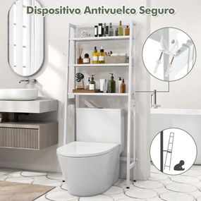 Estante de casa de banho sobre a sanita de 3 níveis com calha inferior ajustável Suporte para papel 2 ganchos laterais Branco