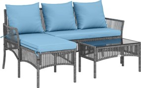 Conjunto de Jardim Exterior de Vime com Sofá de 2 Lugares, Chaise Longue e Mesa de Centro com Vidro Temperado Azul Claro