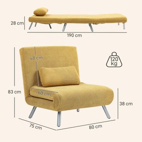 Sofá Cama Individual 3 em 1 Estofada em Padrão Dente de Cão com Encosto Ajustável de 5 Níveis 80x75x83 cm Amarelo