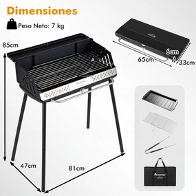 Grelhador a Carvão Dobrável Portátil, 81 x 48 x 84 cm, Grelha Regulável Preto