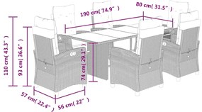 7 pcs conjunto de jantar p/ jardim c/ almofadões vime PE preto