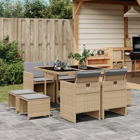 vidaXL 9 pcs conj. jantar jardim c/ almofadões vime PE bege misturado