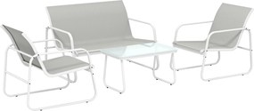 Outsunny Conjunto de Jardim Exterior de 4 peças com Sofá de 2 Lugares 2 Poltronas e Mesa de Vidro Temperado Tecido Textilene Cinza Claro | Aosom Portugal