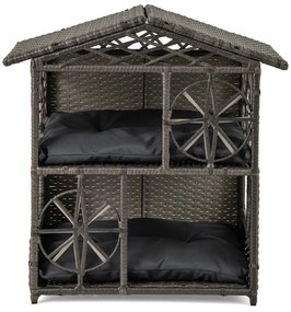 Casa para gatos em vime de 2 andares 69 x 40,5 x 70 cm com almofadas removíveis, teto, janelas e portas com sombra cinza.