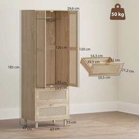 Guarda Roupa de Quarto com 2 Portas e 2 Gavetas, 63 x 47 x 185 cm, Design em Rotim, Madeira Natural