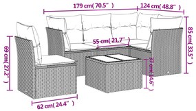 6 pcs conjunto de sofás p/ jardim com almofadões vime PE bege
