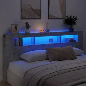 vidaXL Cabeceira c/ LEDs 220x18,5x103,5 cm cinzento-cimento