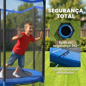 Trampolim para Crianças Exterior Ø183 cm com Rede de Segurança Escada de 2 Degraus Cobertura de Molas Saco de Armazenamento Azul