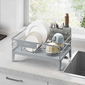 Escorredor de louça 31 x 42 x 18,5 cm com tabuleiro de recolha e suporte para talheres, cinzento