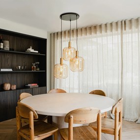 Candeeiro de suspensão design preto com latão e vidro âmbar 3-luzes - Zuzanna