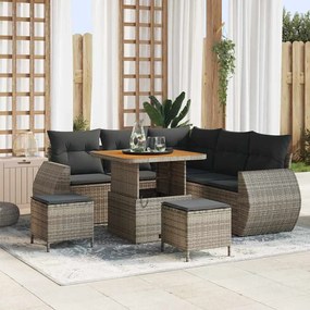 vidaXL Conjunto de sofá de jardim com 8 peças e almofadas em cinza, feito de rattan e acácia.